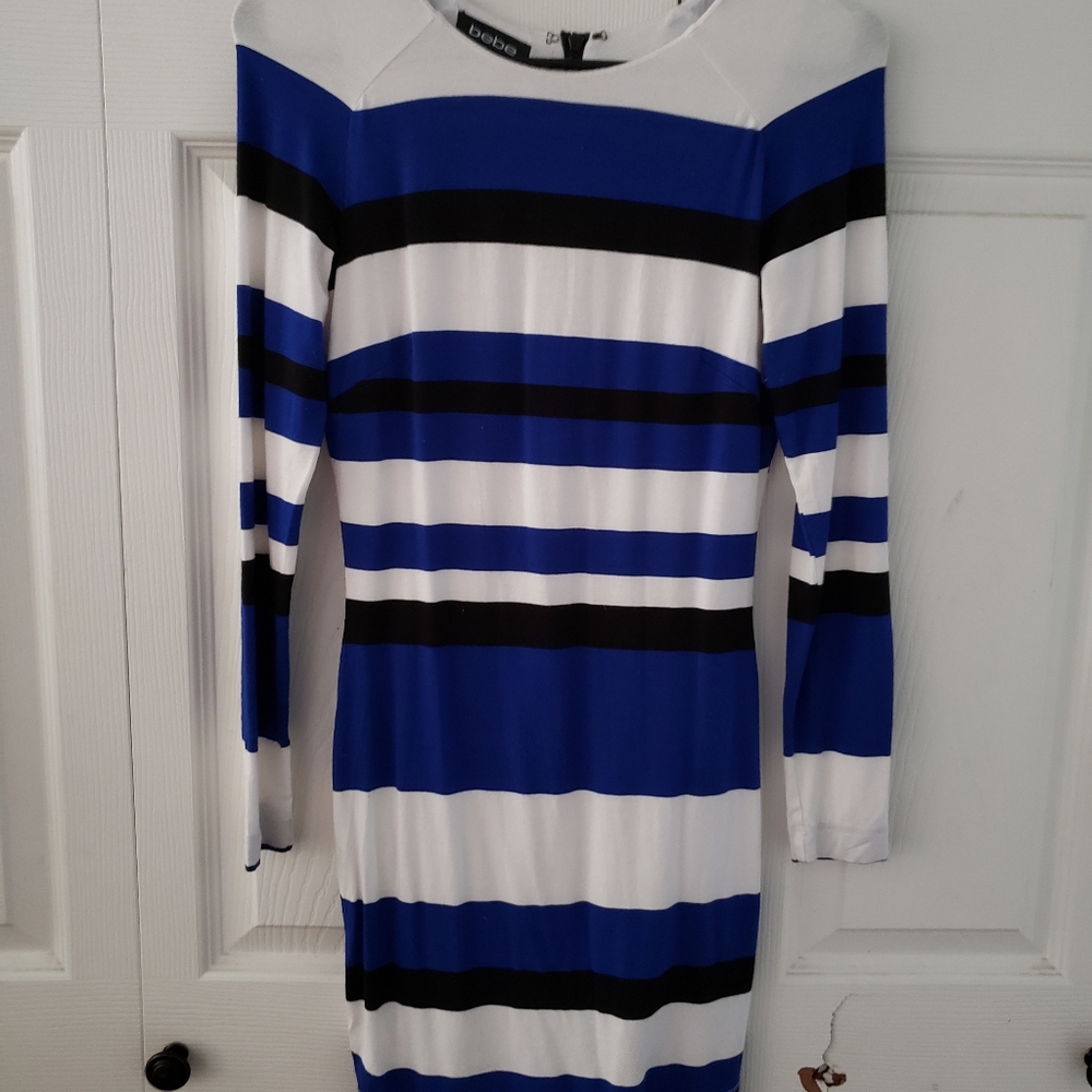 BEBE Blue Black & White Mini Long Sleeve‎ Dress Size XS